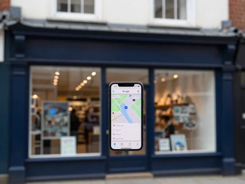 Google Maps listing on a phone outside an independent shopfront